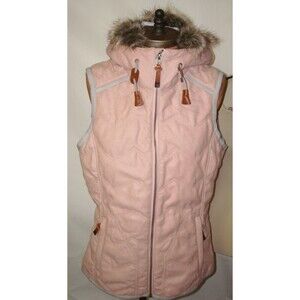 New NWT Womens S Prana Faux Fur Hooded Vest Blush Pink Gray Logo Chevron Pockets